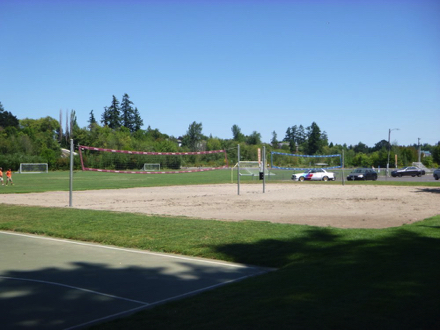 Two sand volleyball courts located by the soccer fields, basketball courts, restroom and covered shelter